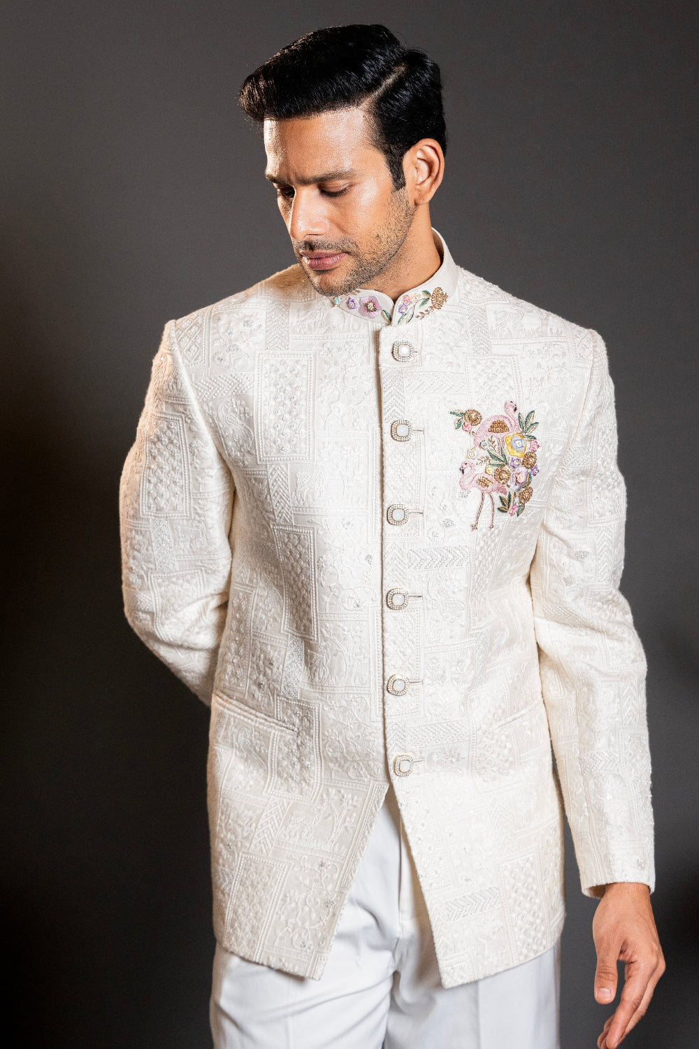 Off White Lucknowi Jodhpuri With Zardosi And Resham Embroidery