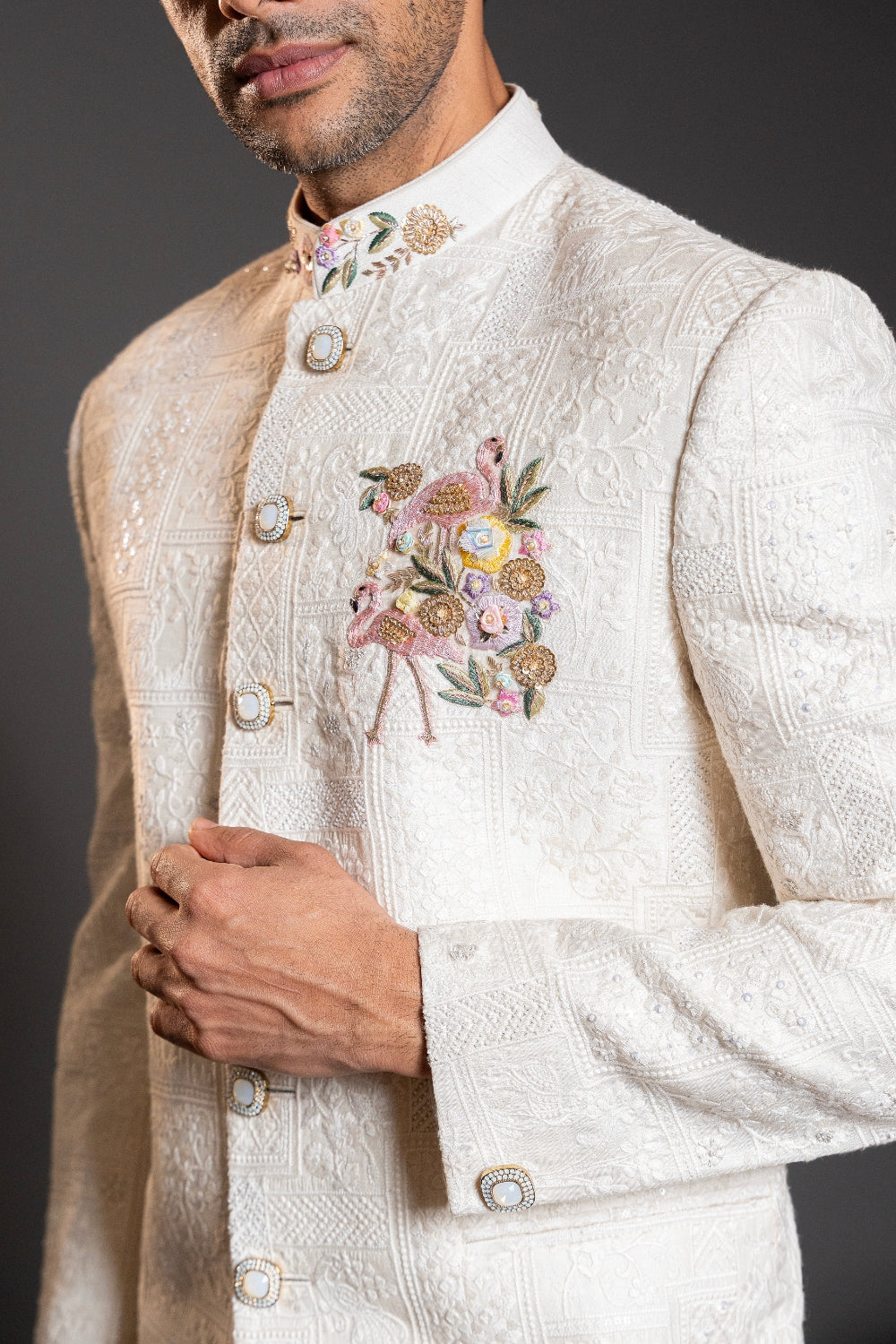 Off White Lucknowi Jodhpuri With Zardosi And Resham Embroidery