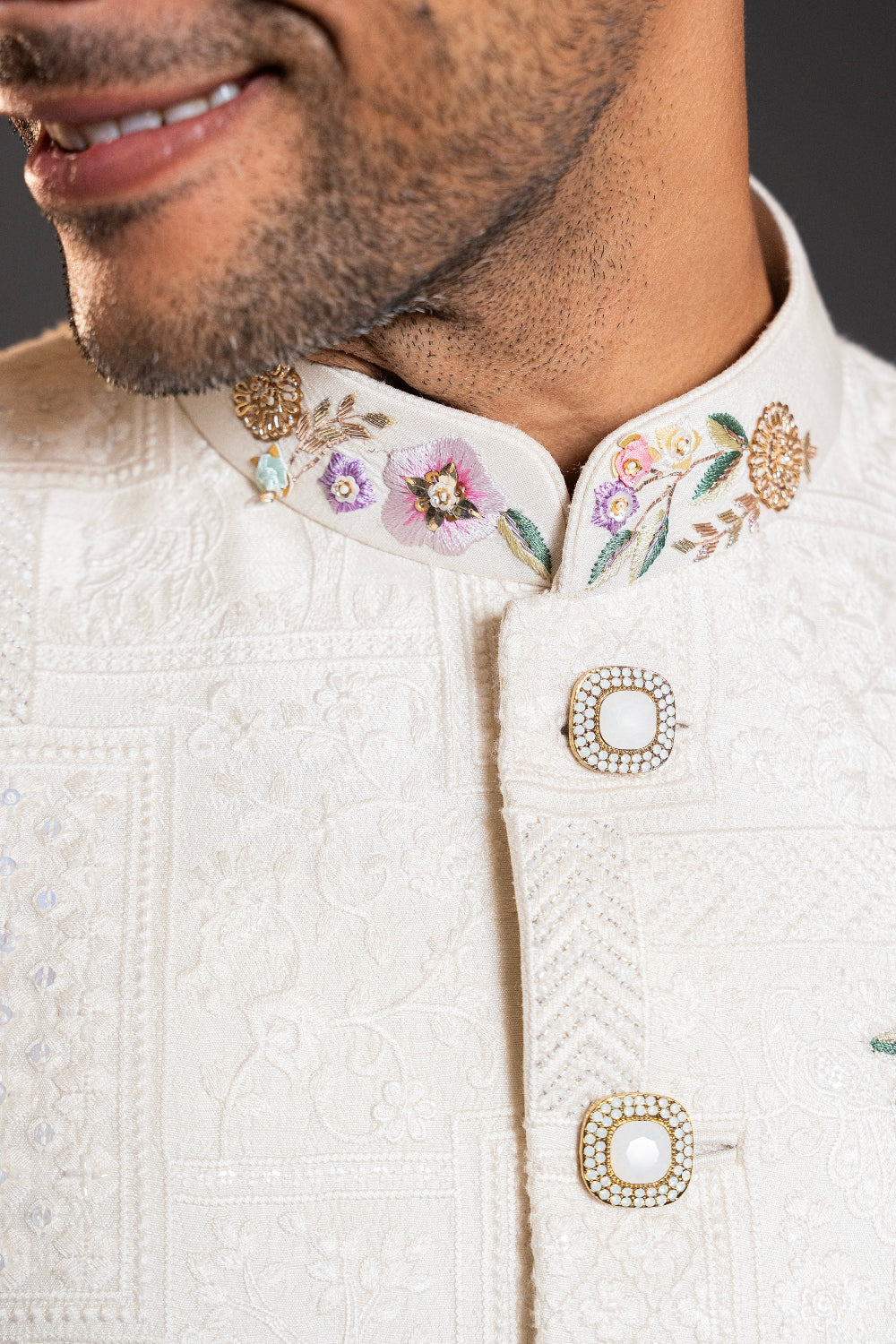 Off White Lucknowi Jodhpuri With Zardosi And Resham Embroidery