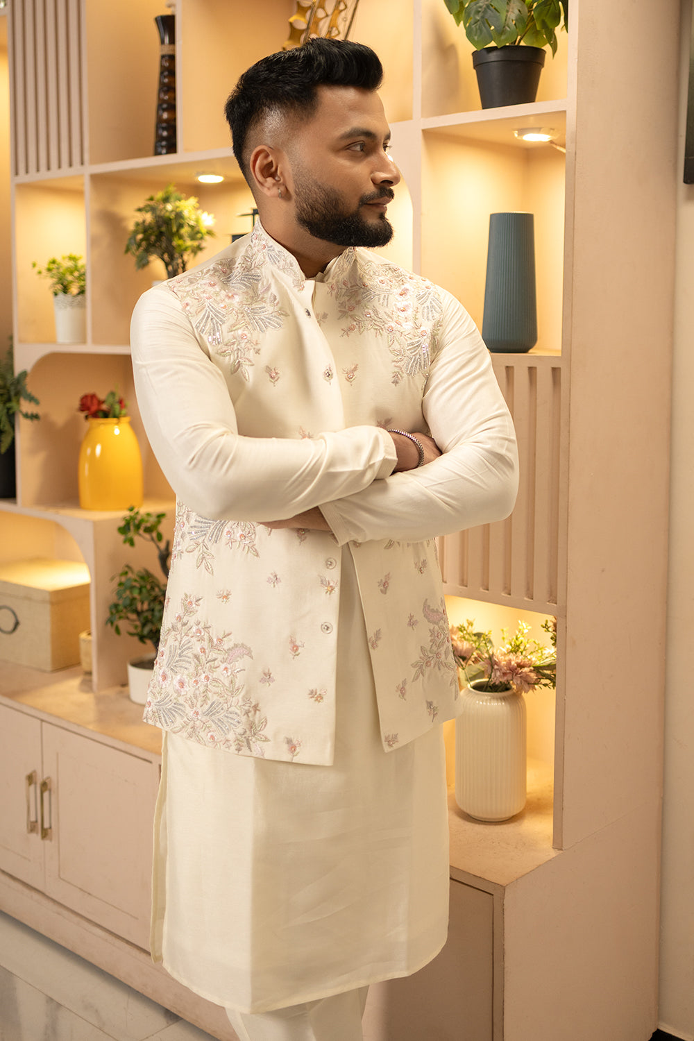 Off White Koti Set With Pastel Resham Floral Embroidery