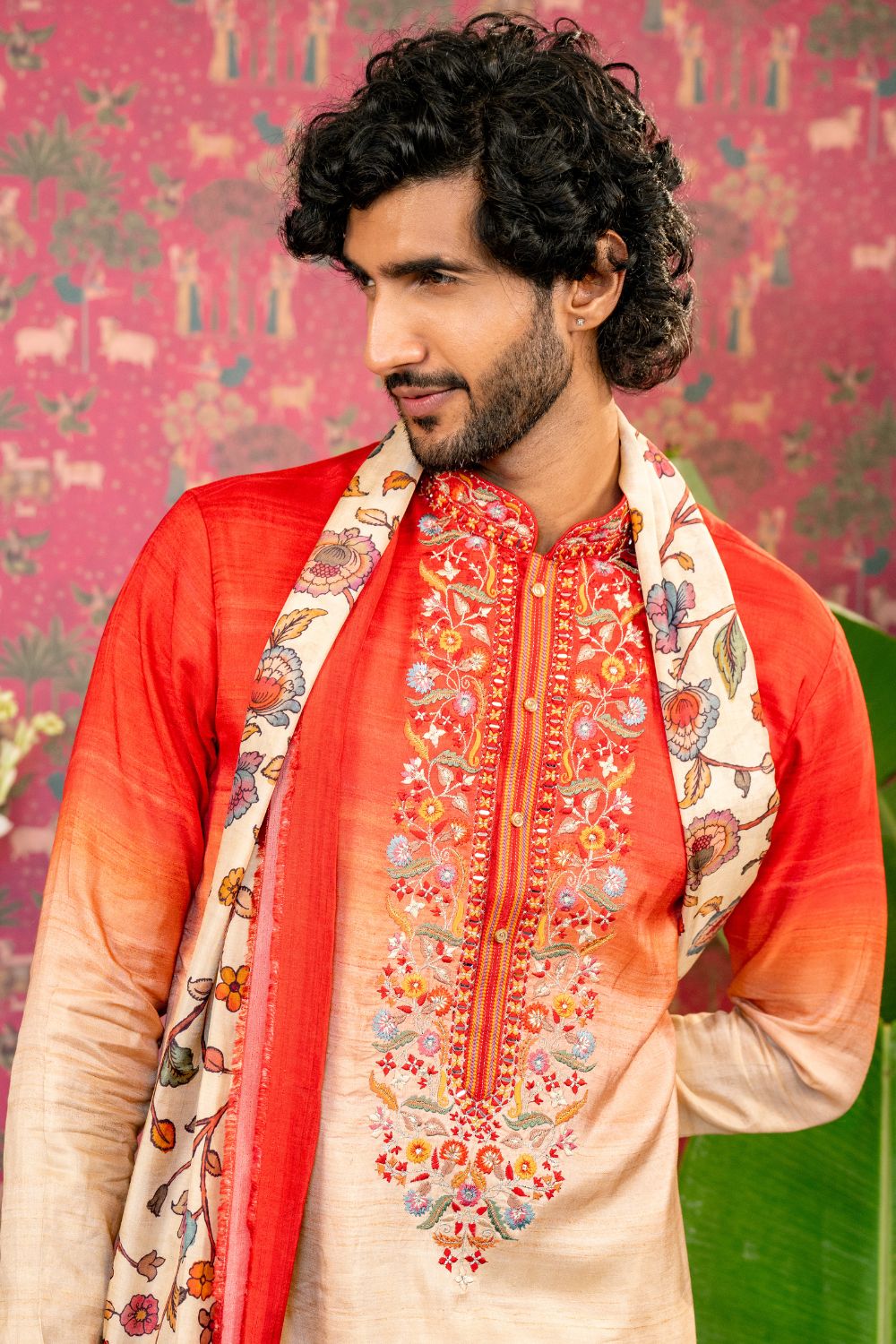 Ombre Silk Kurta Set With Mirror And Resham Embroidery