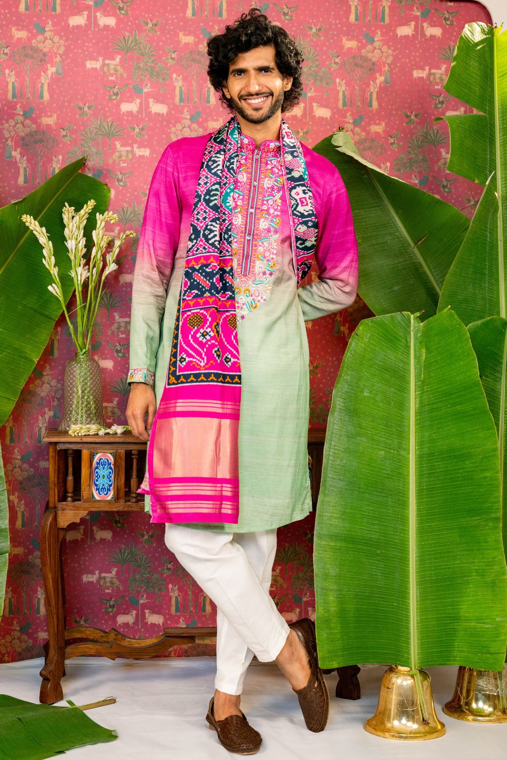 Ombre Silk Kurta Set With Mirror And Resham Embroidery