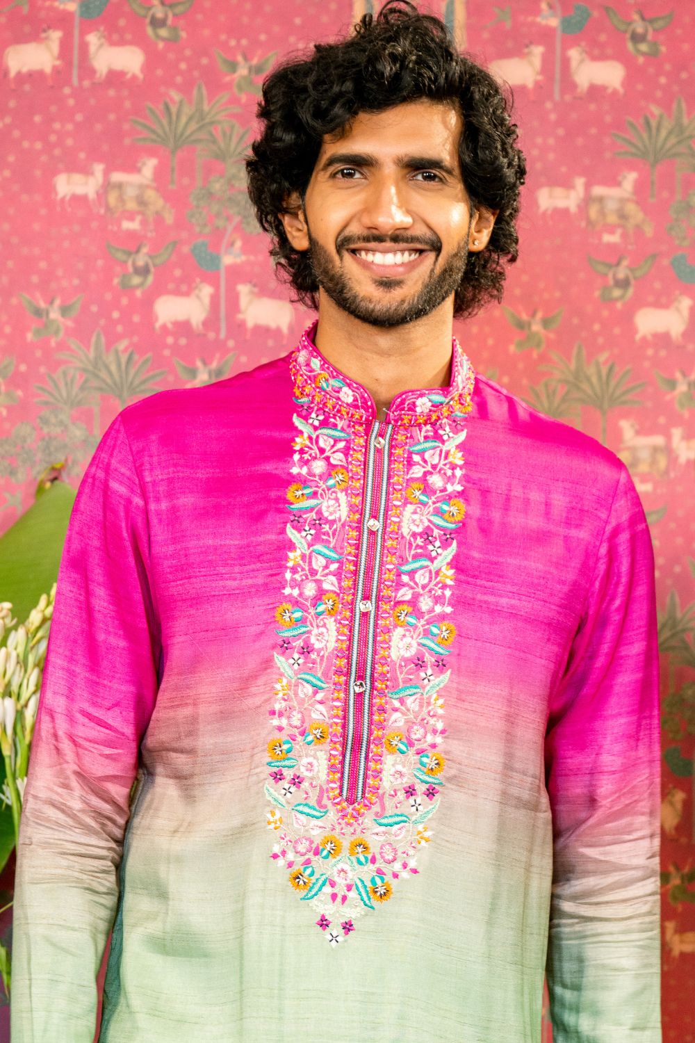 Ombre Silk Kurta Set With Mirror And Resham Embroidery
