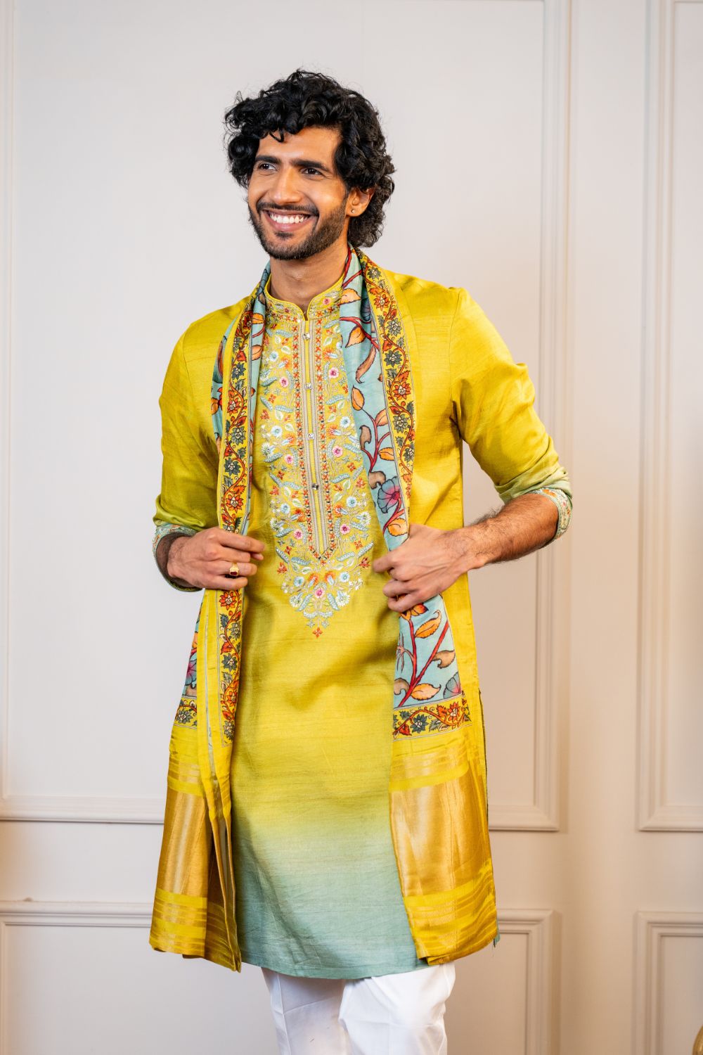 Ombre Silk Kurta Set With Mirror And Resham Embroidery