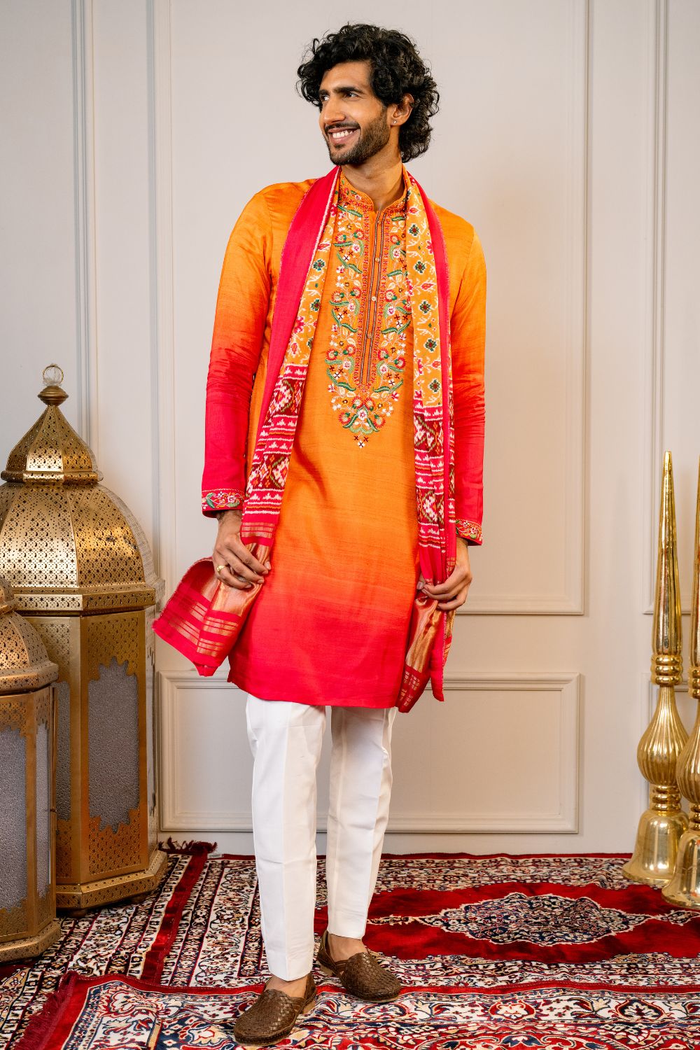 Ombre Silk Kurta Set With Mirror And Resham Embroidery