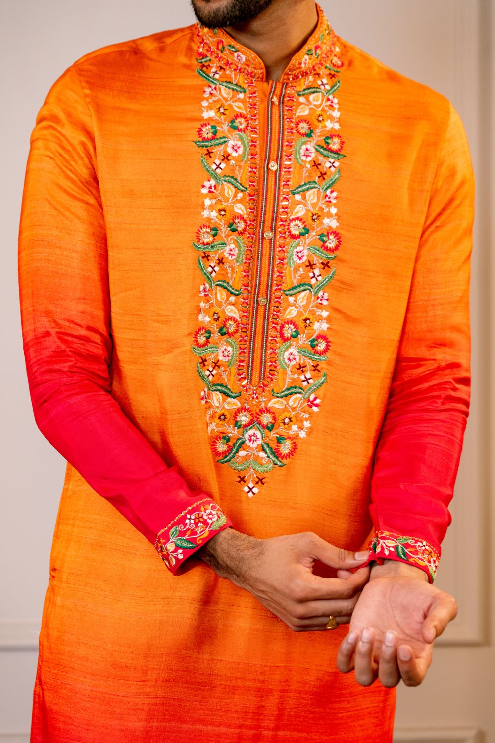 Ombre Silk Kurta Set With Mirror And Resham Embroidery
