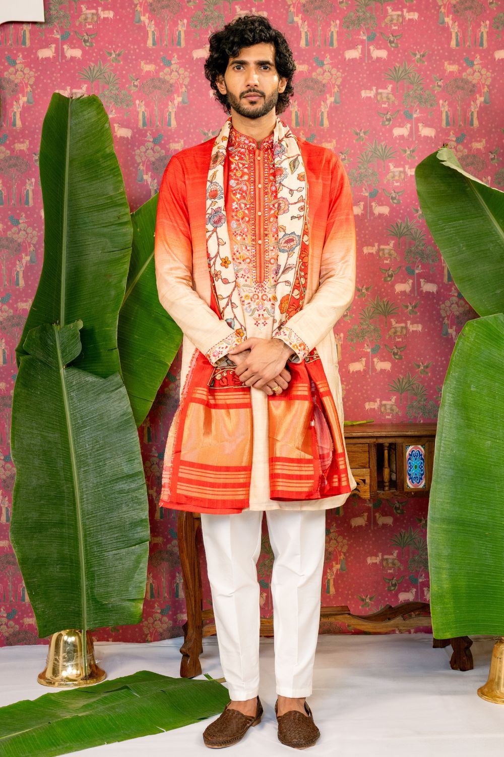 Ombre Silk Kurta Set With Mirror And Resham Embroidery