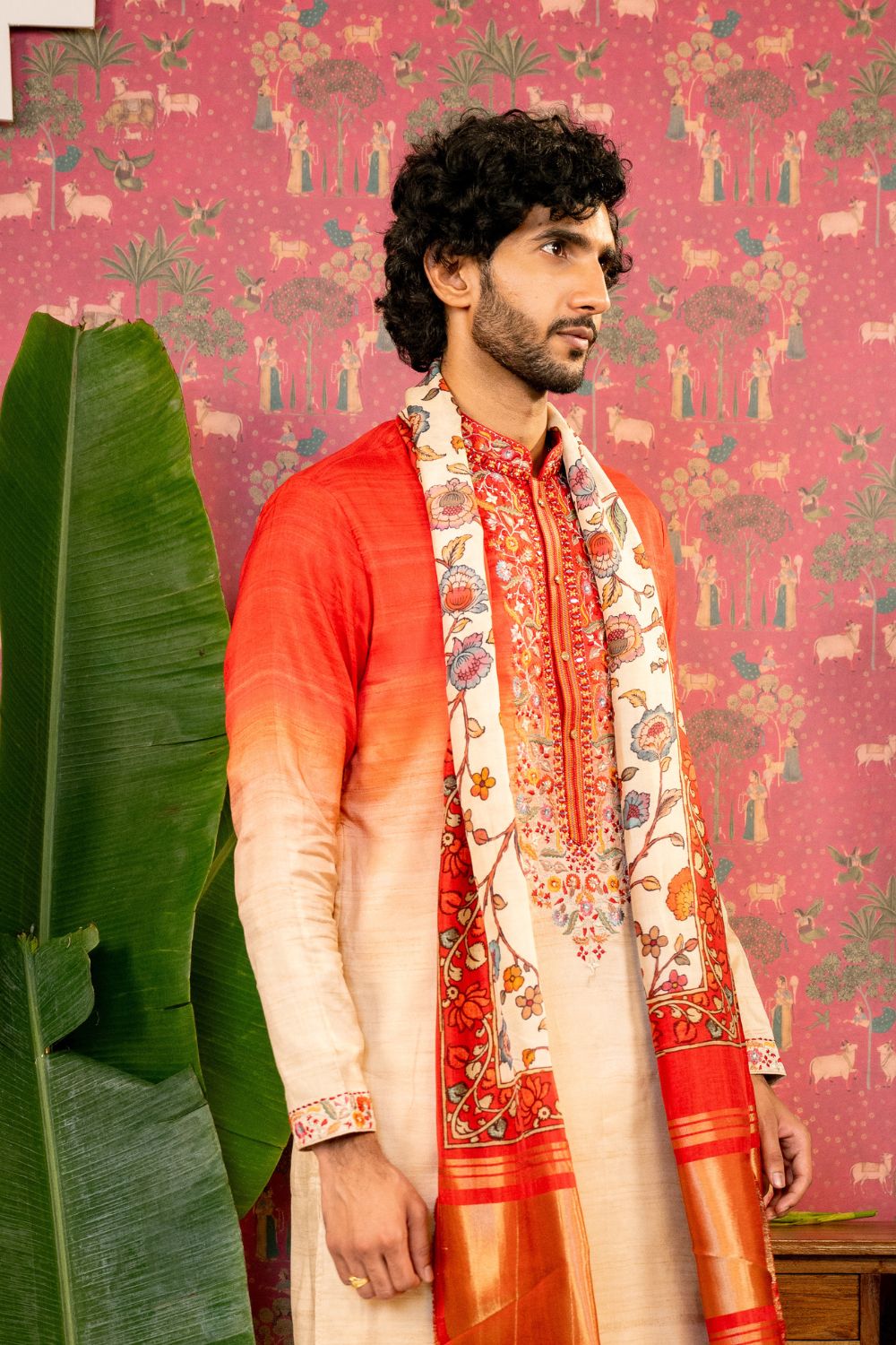 Ombre Silk Kurta Set With Mirror And Resham Embroidery
