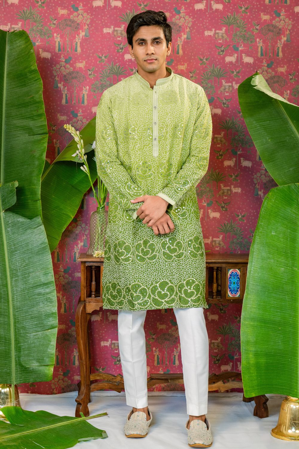 Ombre Silk Kurta Set With Mirror And Sequins Work