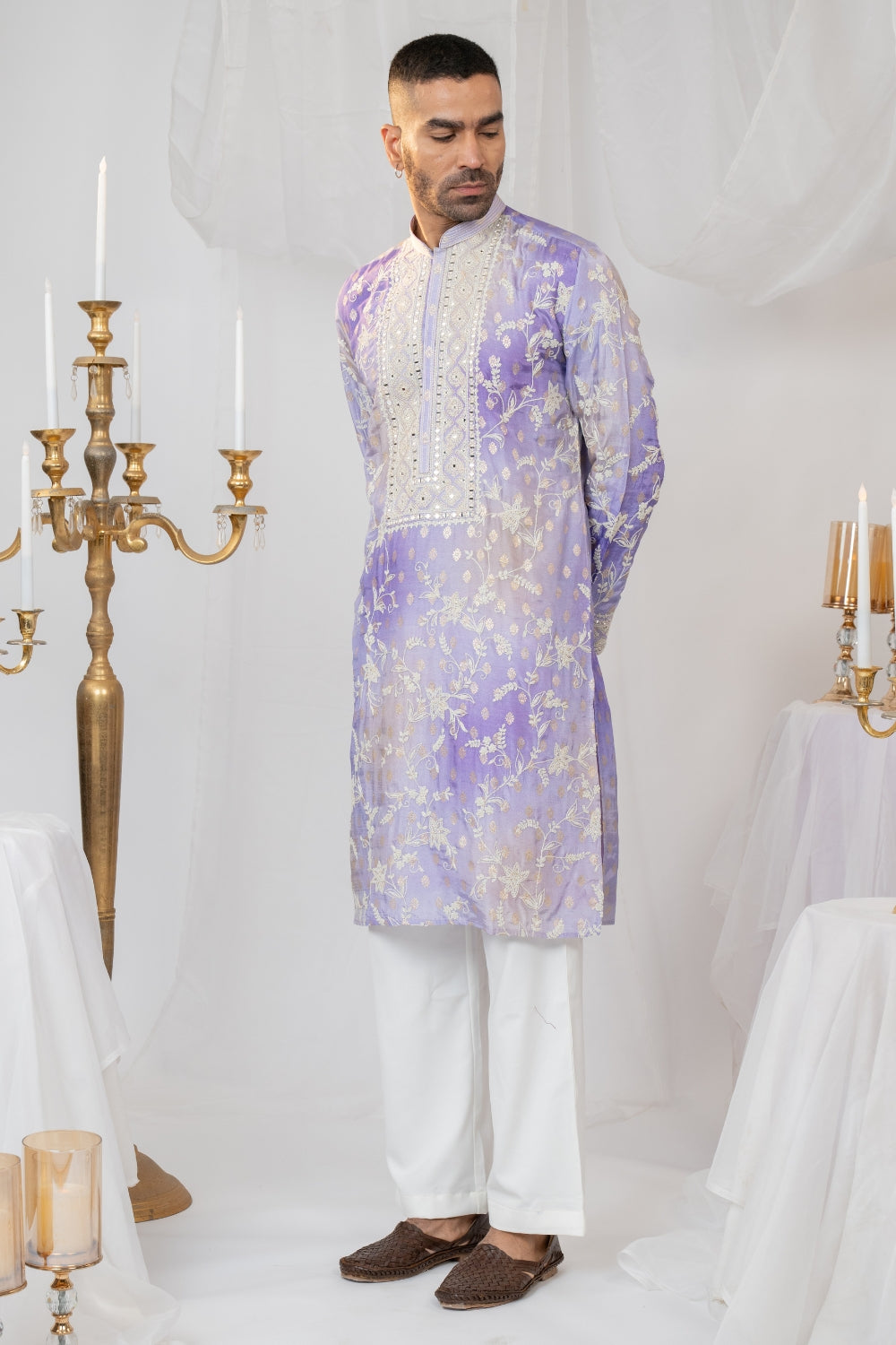 Ombre Silk Kurta Set With Mirror And Thread Embroidery