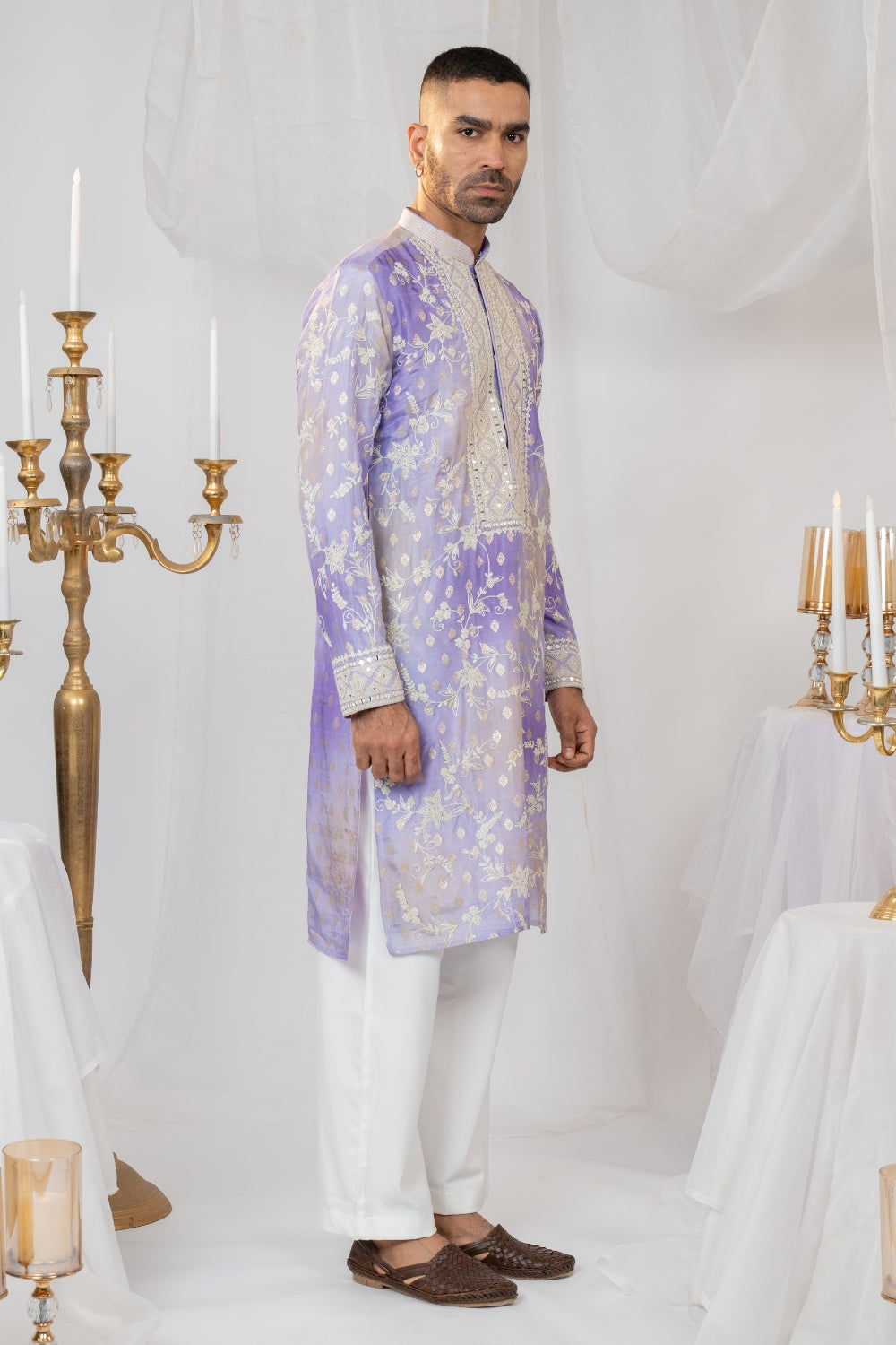 Ombre Silk Kurta Set With Mirror And Thread Embroidery