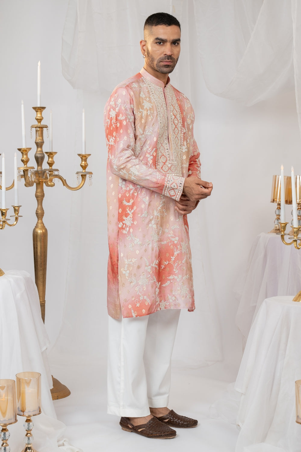 Ombre Silk Kurta Set With Mirror And Thread Embroidery