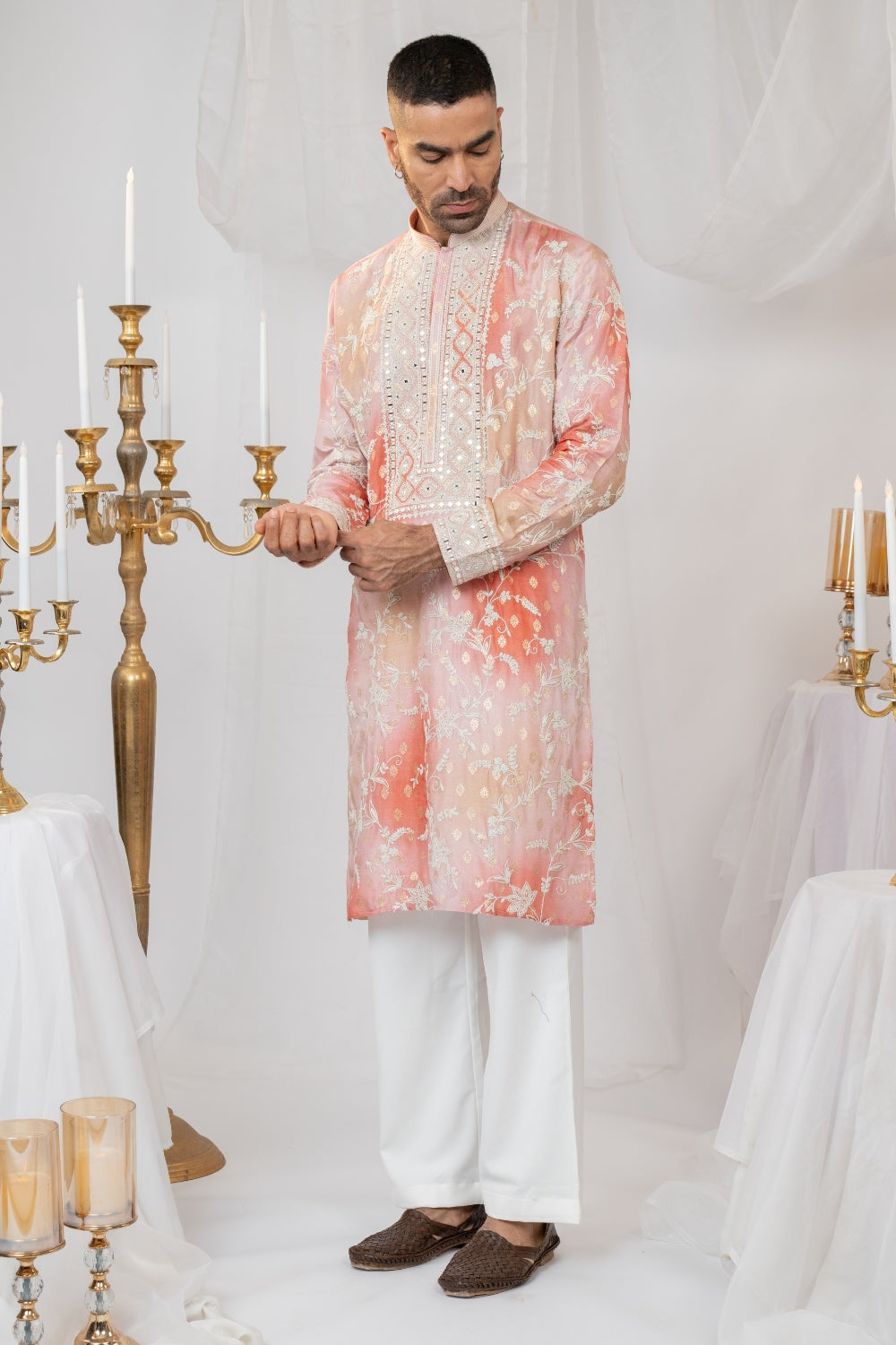Ombre Silk Kurta Set With Mirror And Thread Embroidery