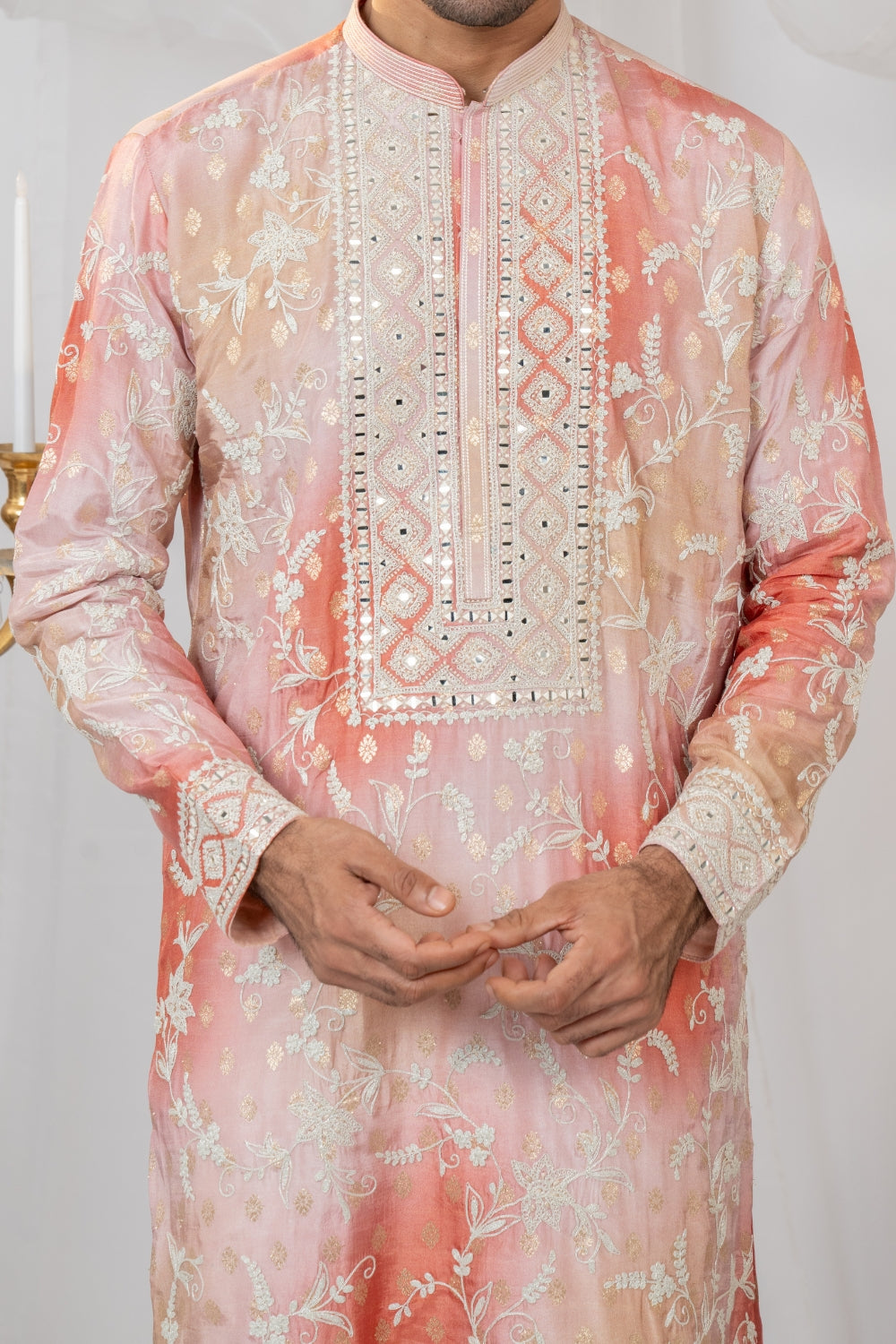 Ombre Silk Kurta Set With Mirror And Thread Embroidery