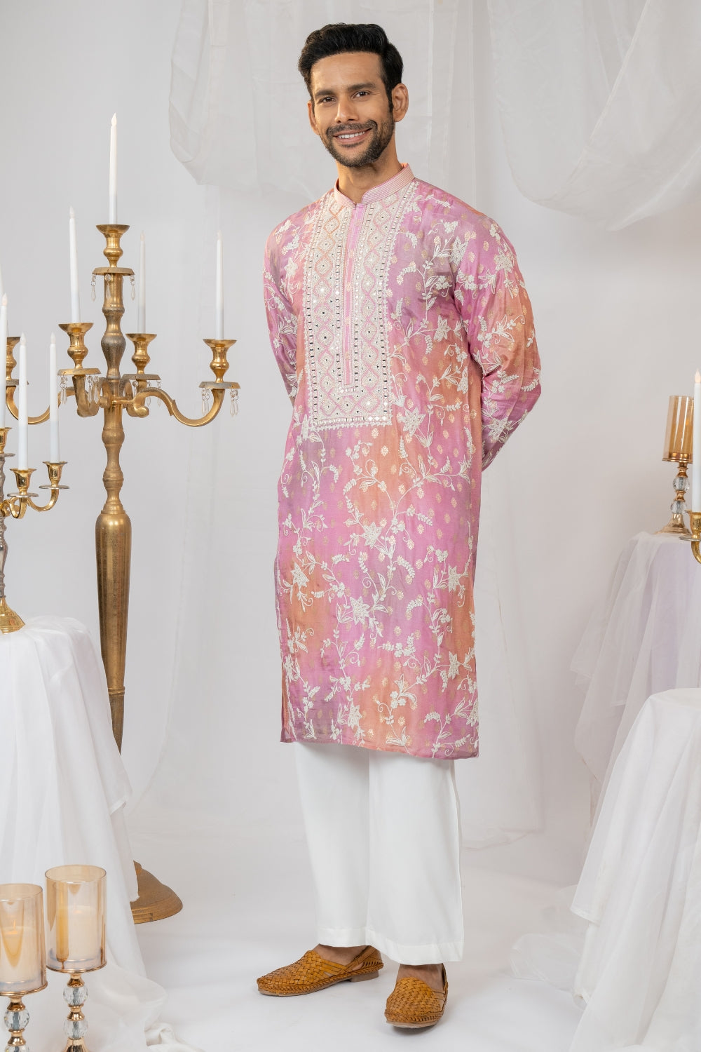 Ombre Silk Kurta Set With Mirror And Thread Embroidery