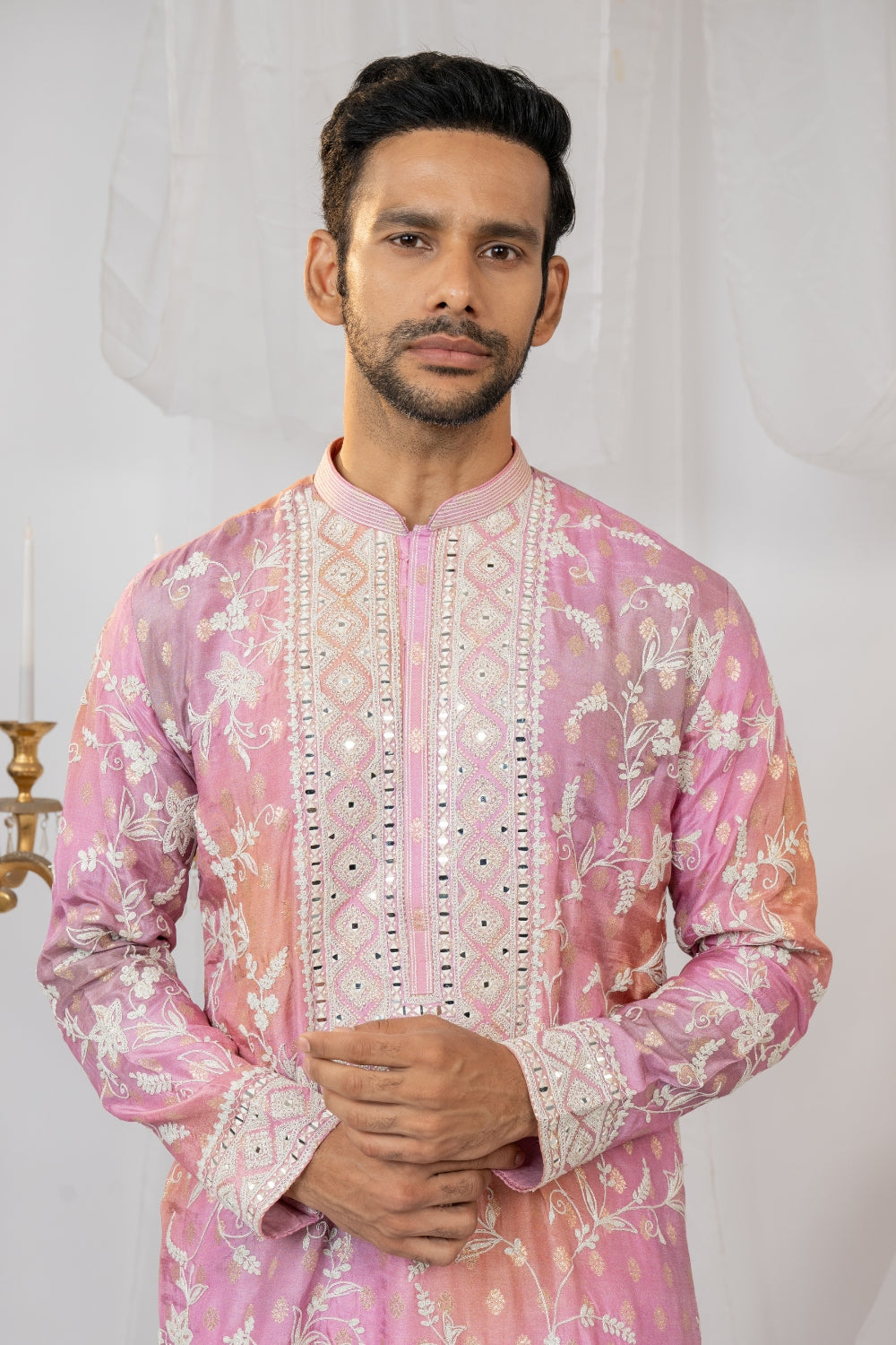 Ombre Silk Kurta Set With Mirror And Thread Embroidery