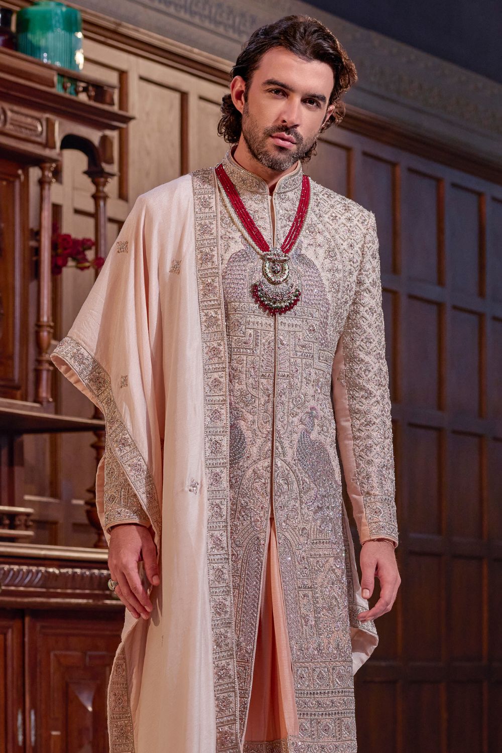 Peach Silk Sherwani With Zardosi And Moti Work