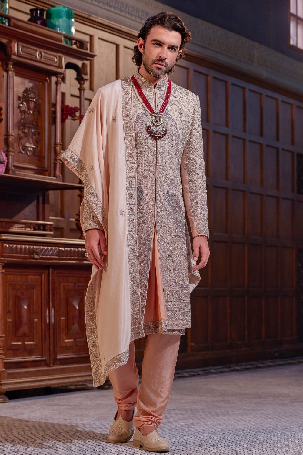 Peach Silk Sherwani With Zardosi And Moti Work