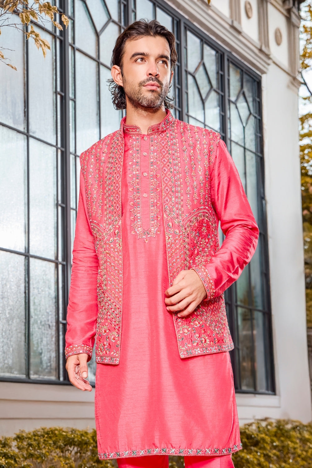 Pink Silk Indo-Western Set with Resham Embroidery