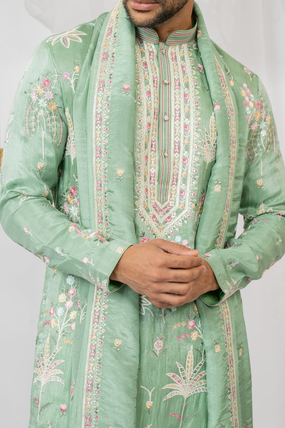 Pastel Green Silk Kurta Set With Sequins And Resham Embroidery
