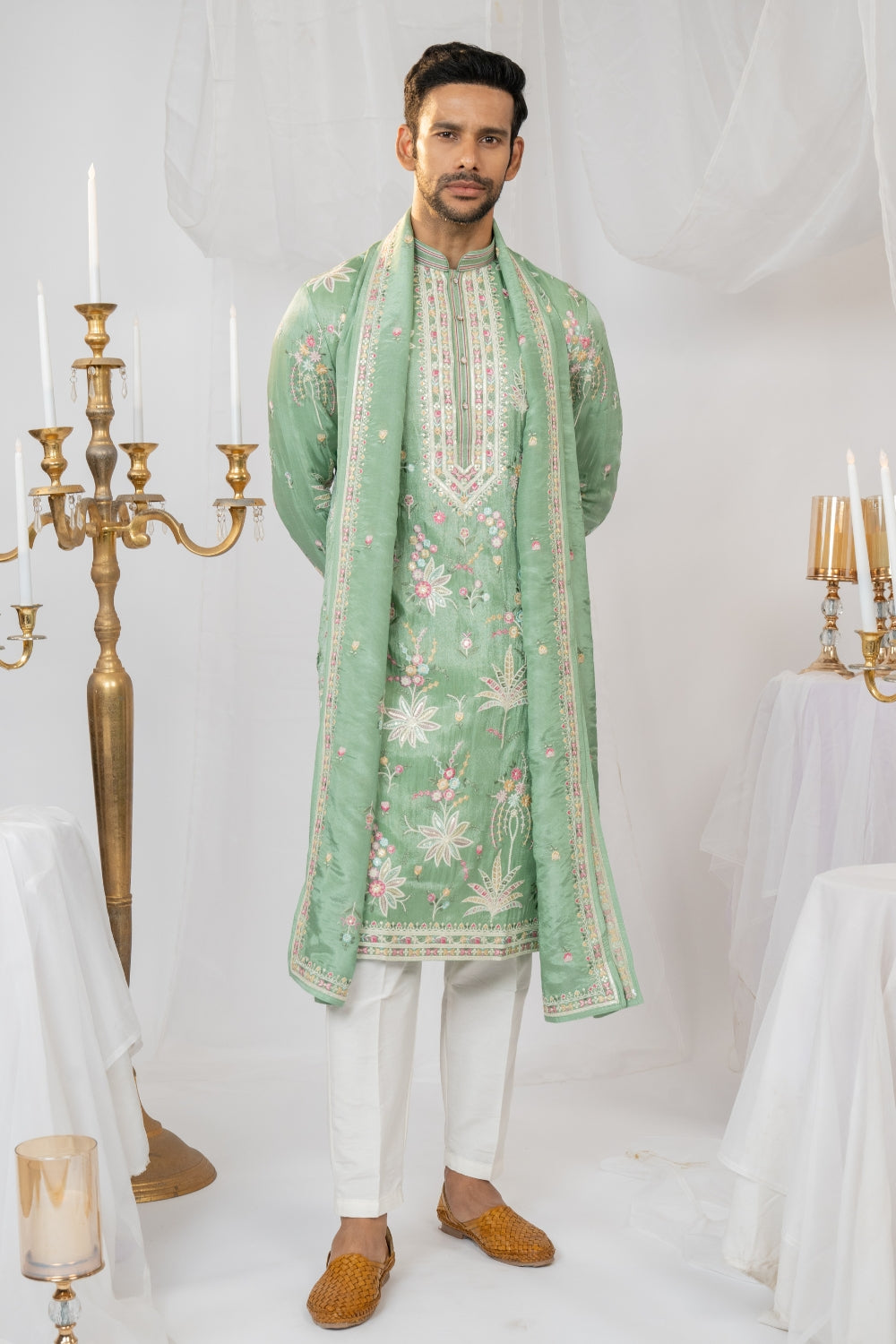 Pastel Green Silk Kurta Set With Sequins And Resham Embroidery