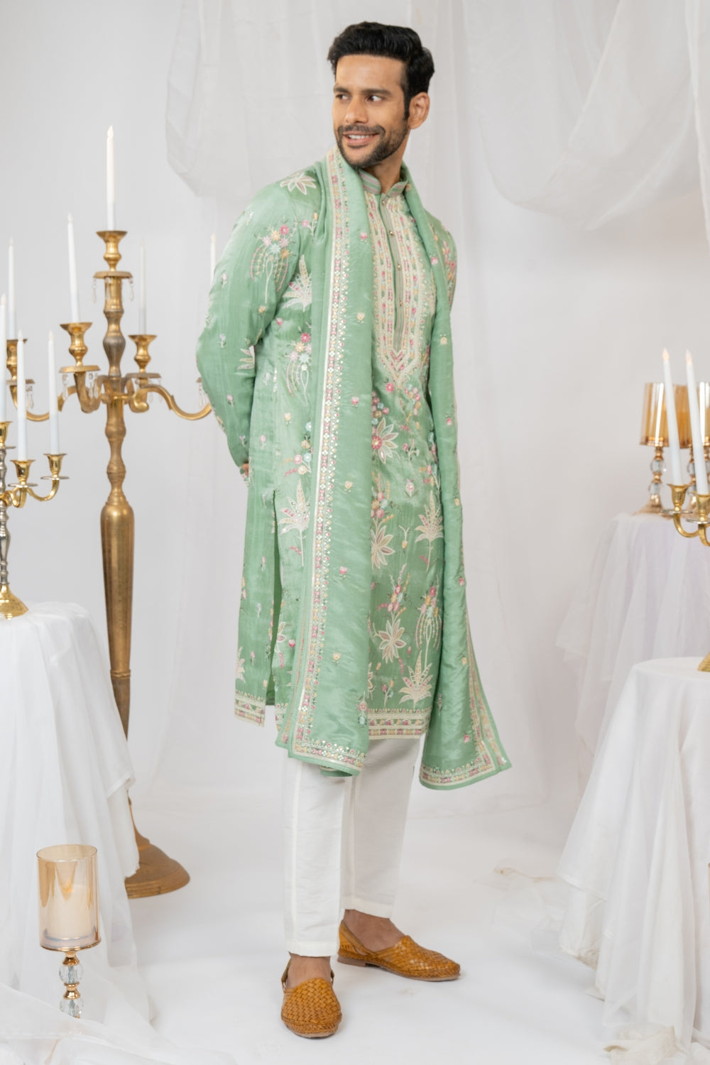 Pastel Green Silk Kurta Set With Sequins And Resham Embroidery