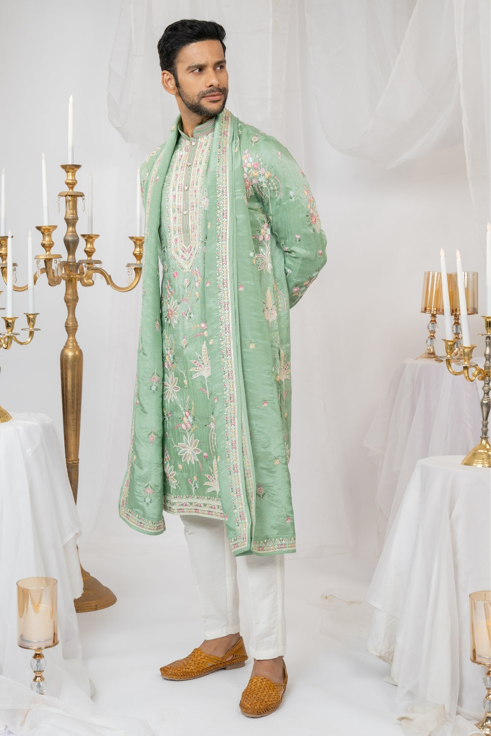 Pastel Green Silk Kurta Set With Sequins And Resham Embroidery