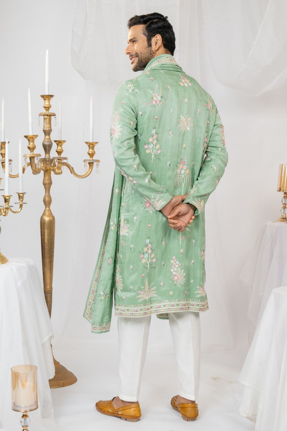 Pastel Green Silk Kurta Set With Sequins And Resham Embroidery