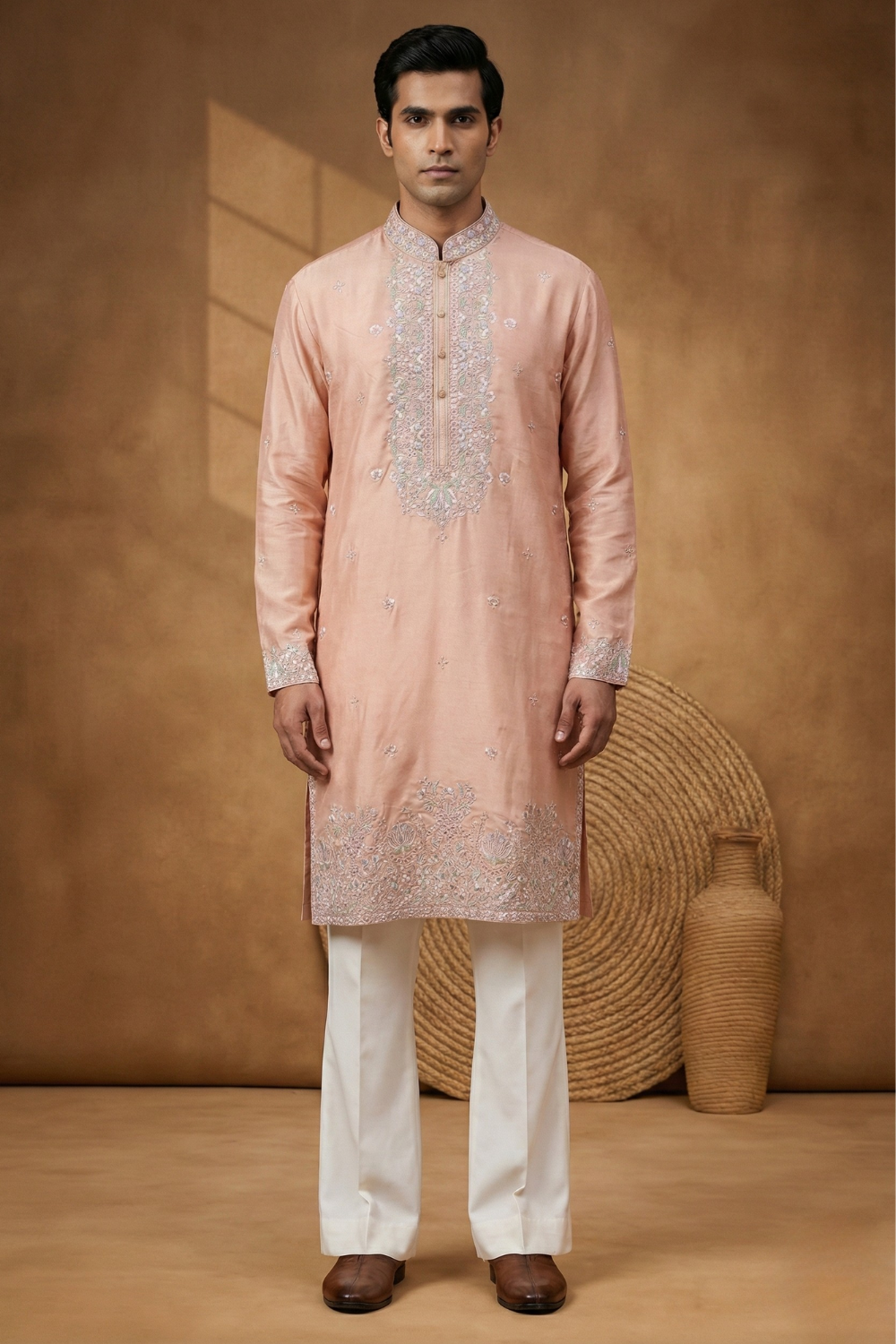 Peach Silk Koti Set With Sequins And Embroidery Work
