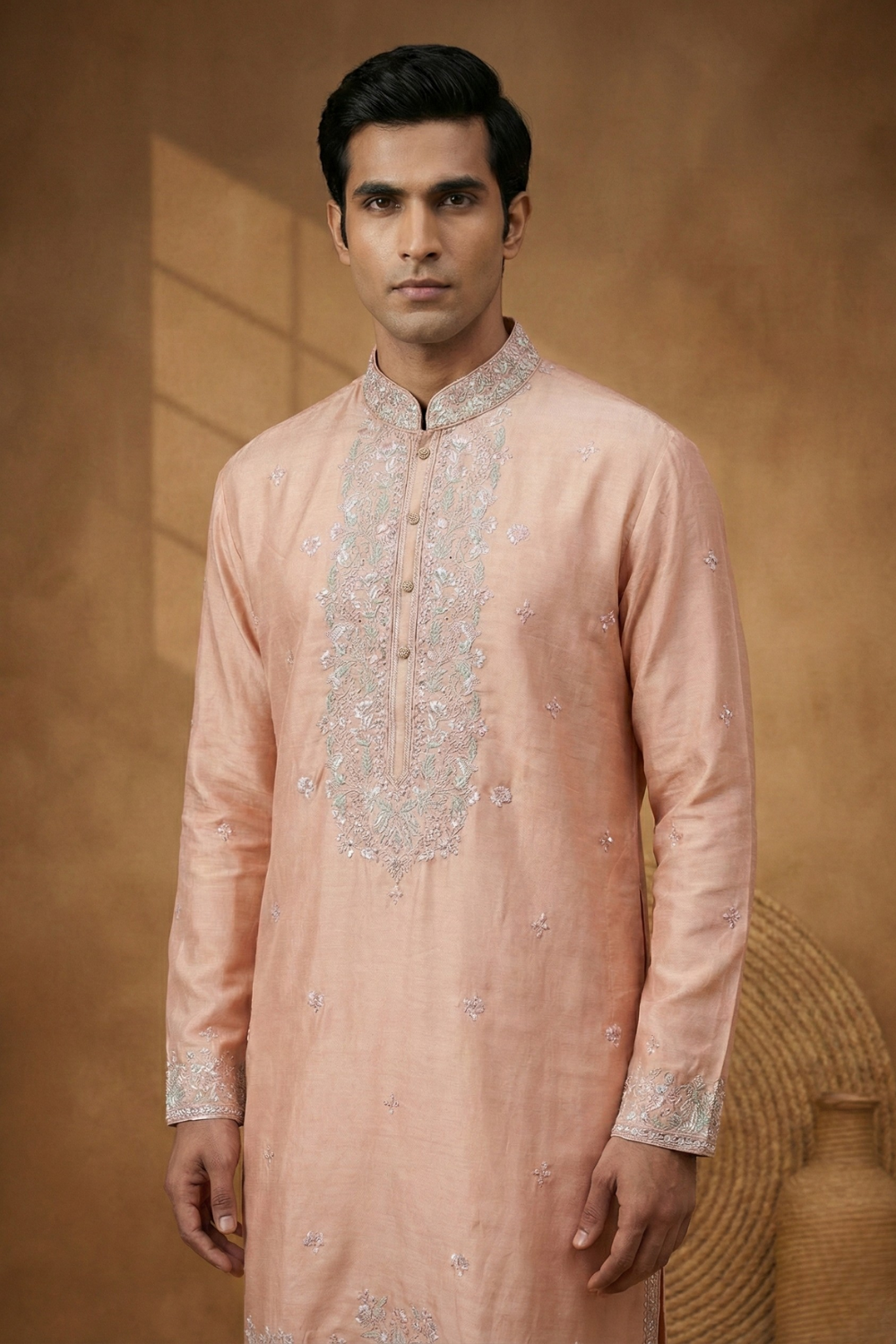 Peach Silk Koti Set With Sequins And Embroidery Work