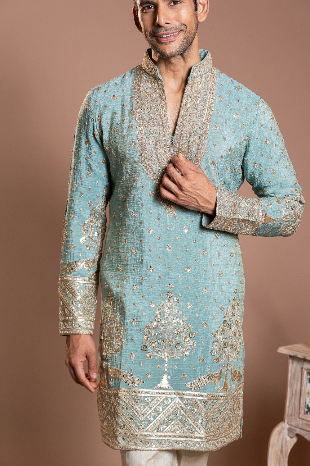Powder Blue Crepe Silk Kurta Set With Resham Embroidery