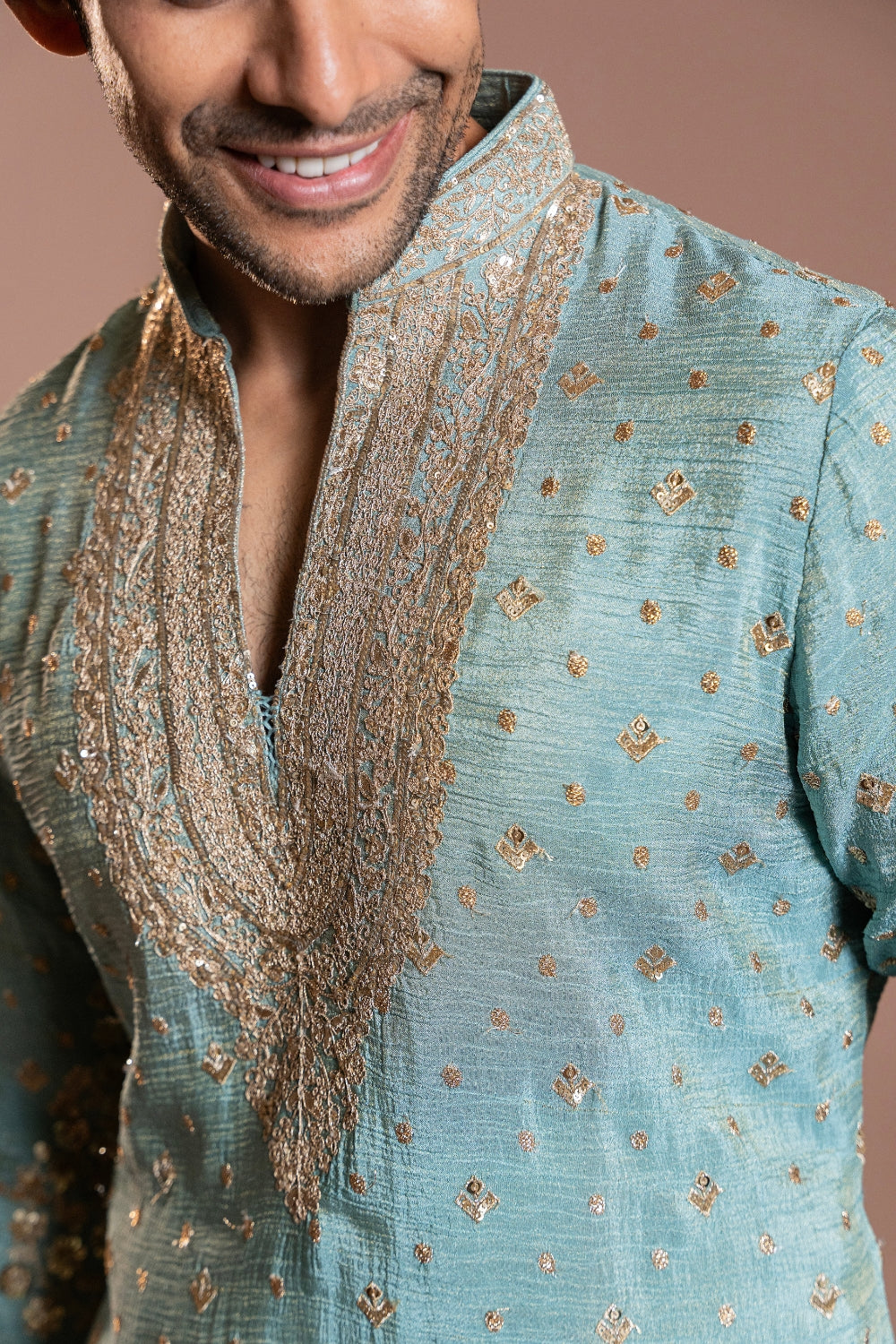 Powder Blue Crepe Silk Kurta Set With Resham Embroidery