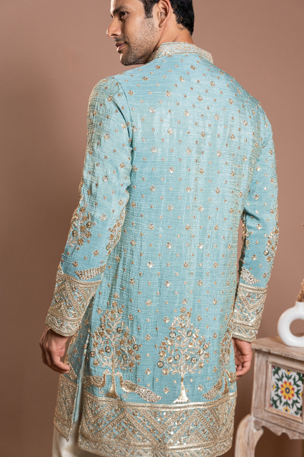 Powder Blue Crepe Silk Kurta Set With Resham Embroidery
