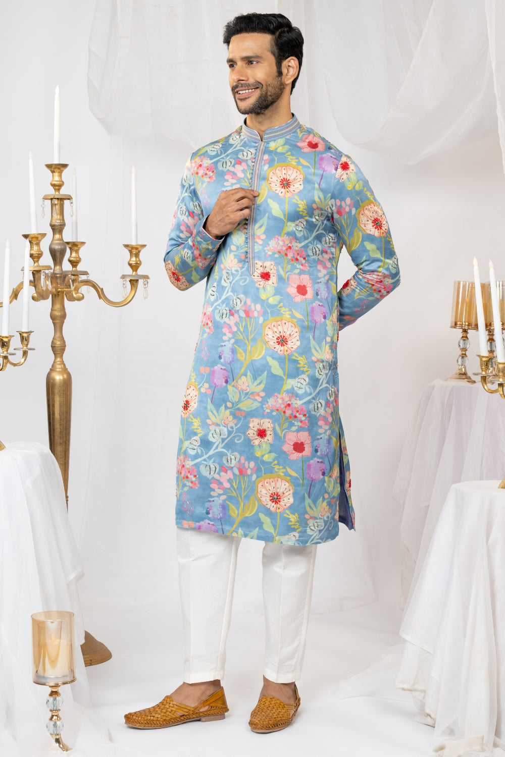 Powder Blue Crepe Silk Printed Kurta Set With Cutdana And Sequins Work