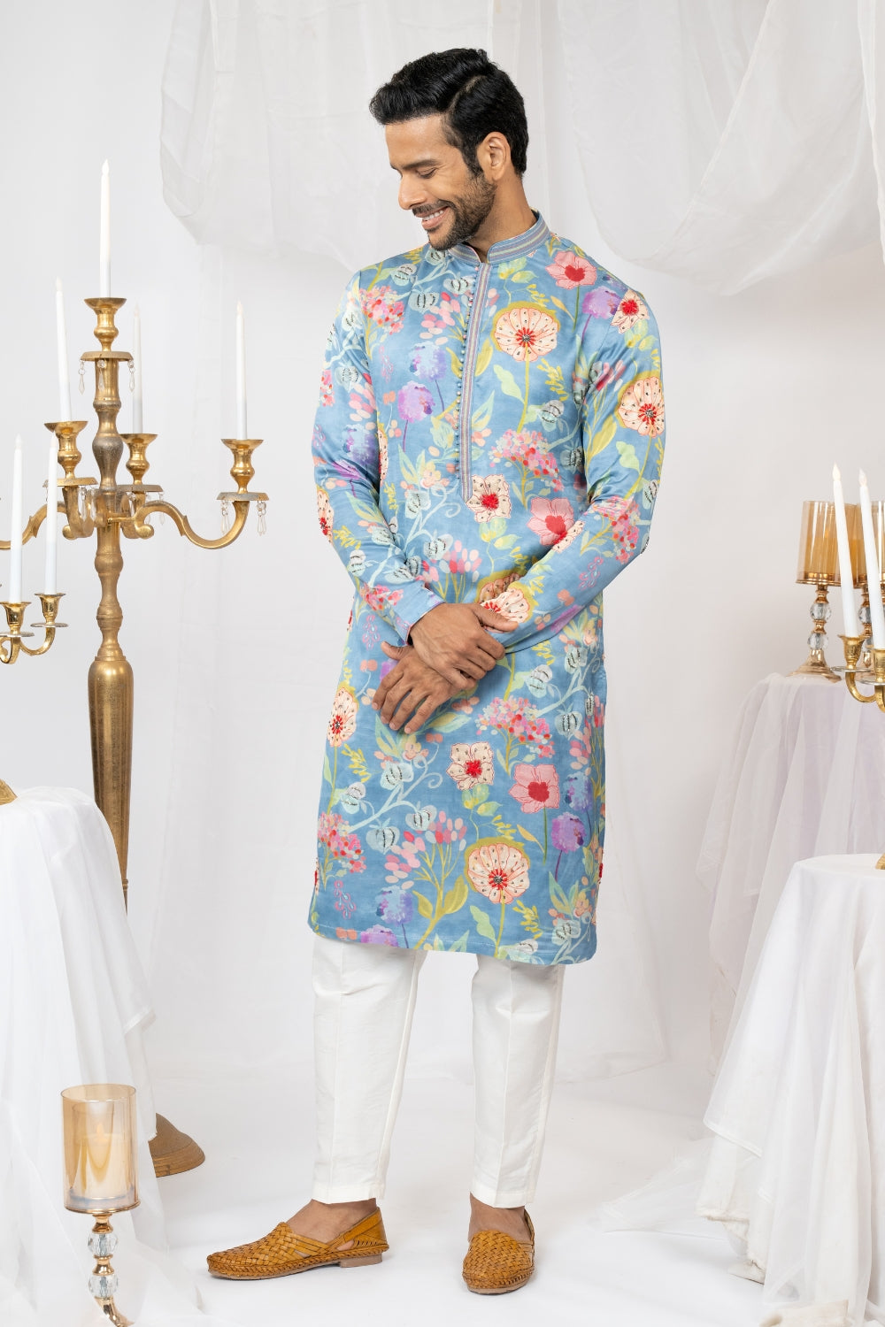 Powder Blue Crepe Silk Printed Kurta Set With Cutdana And Sequins Work