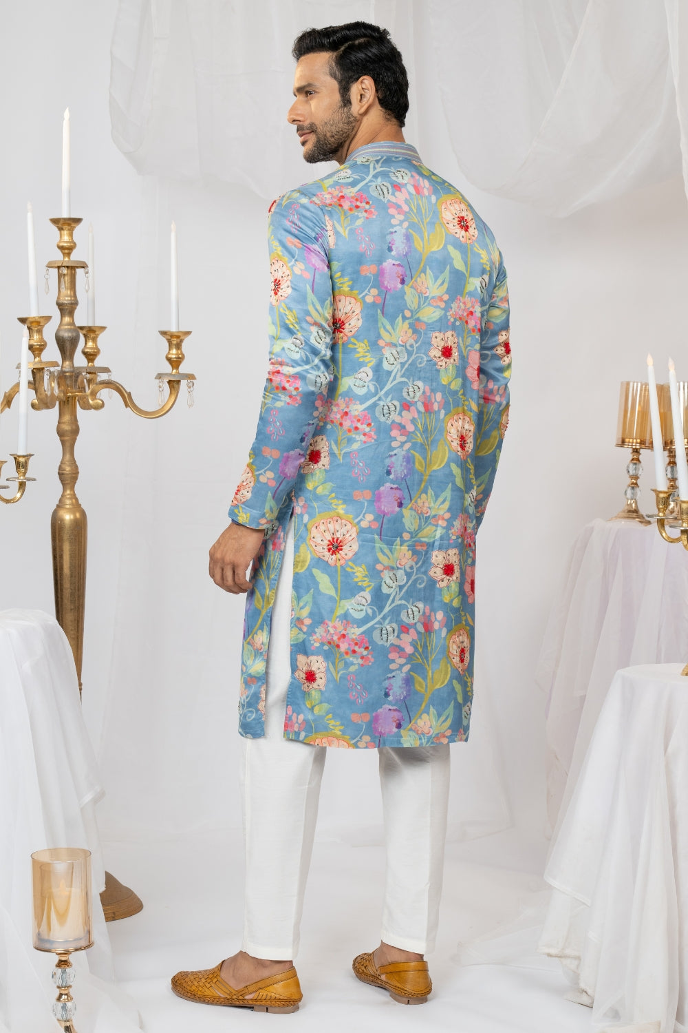 Powder Blue Crepe Silk Printed Kurta Set With Cutdana And Sequins Work