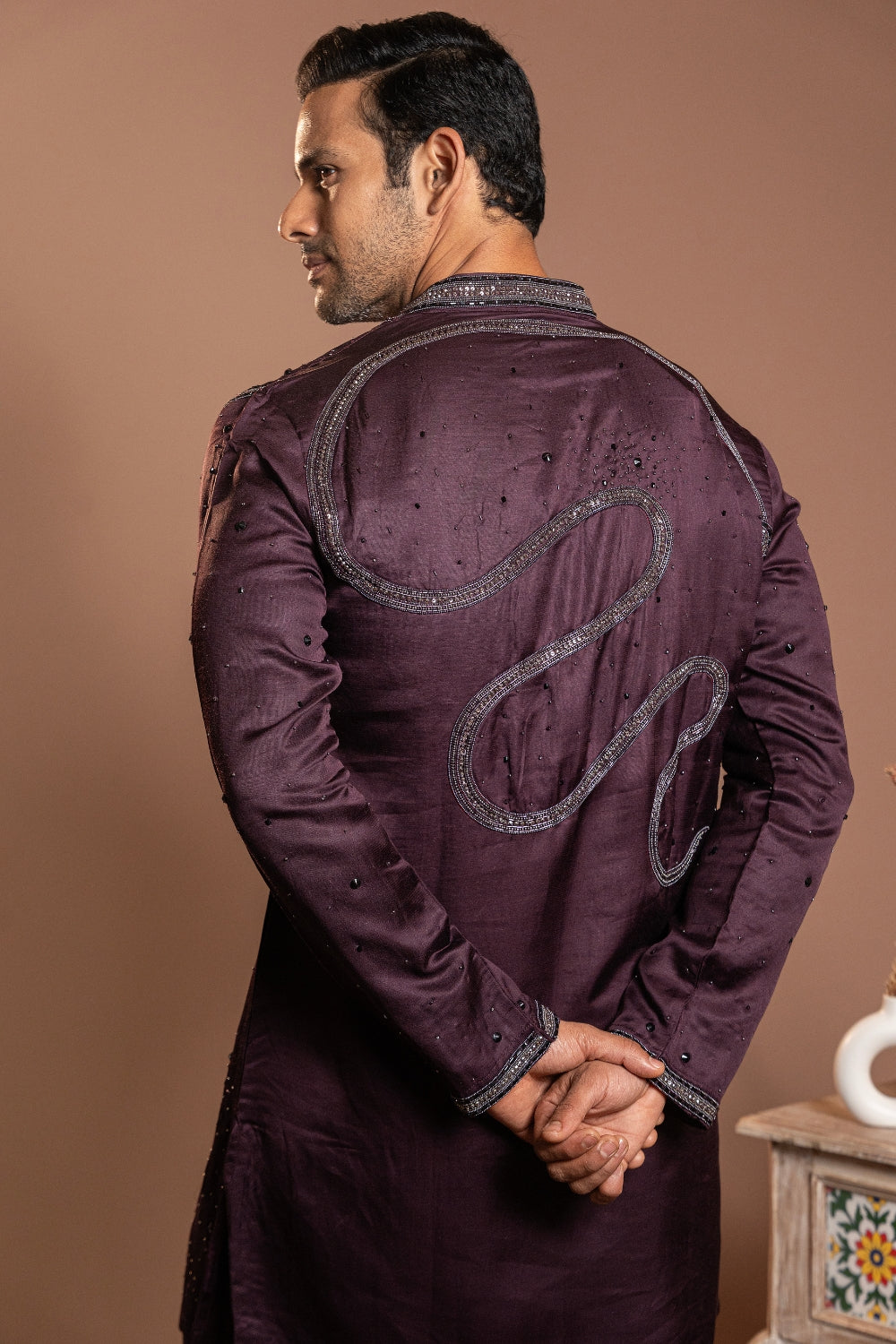 Purple Linen Satin Kurta Set With Stone And Sequins Work