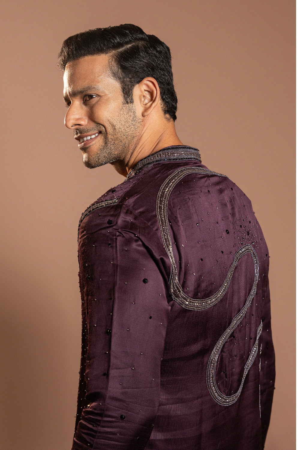 Purple Linen Satin Kurta Set With Stone And Sequins Work