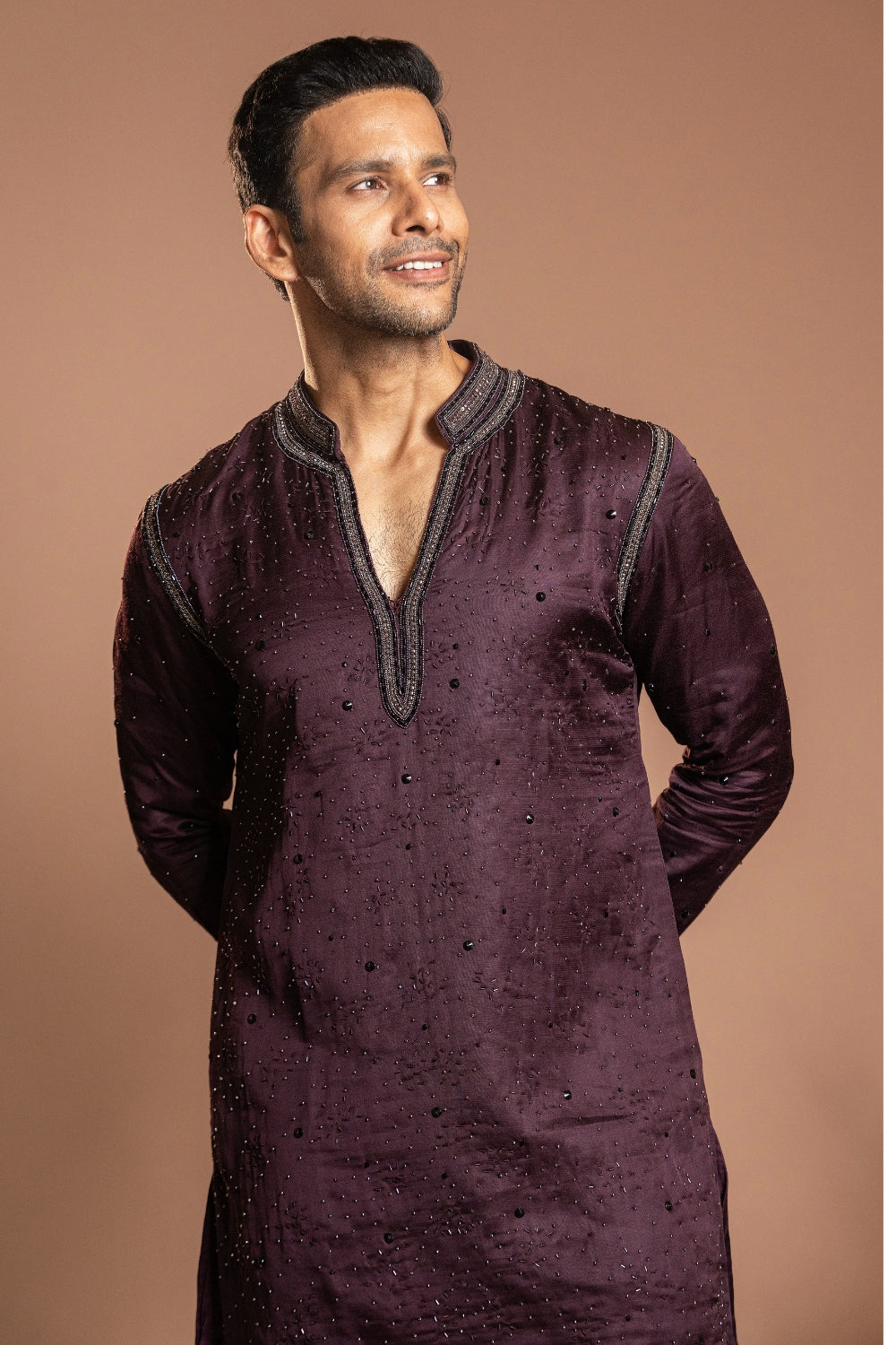 Purple Linen Satin Kurta Set With Stone And Sequins Work