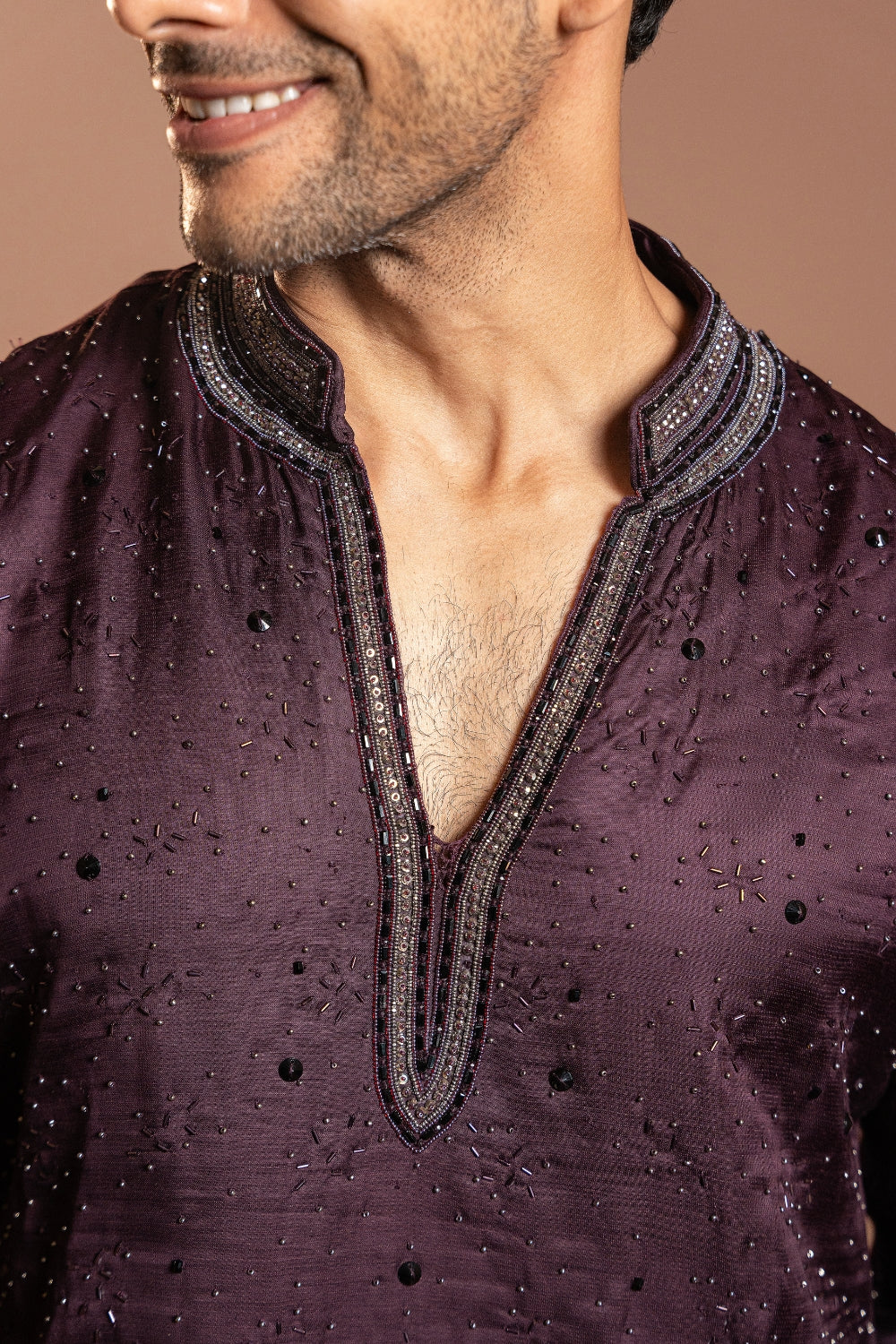 Purple Linen Satin Kurta Set With Stone And Sequins Work