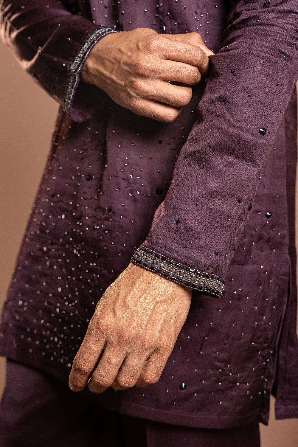 Purple Linen Satin Kurta Set With Stone And Sequins Work
