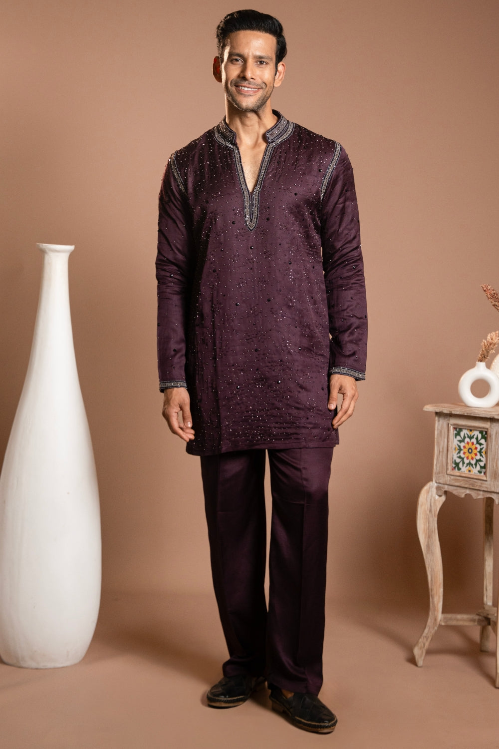 Purple Linen Satin Kurta Set With Stone And Sequins Work