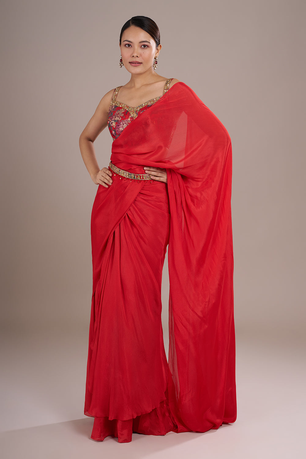 Scarlet Georgette Draped Saree Set with Floral Silk Blouse