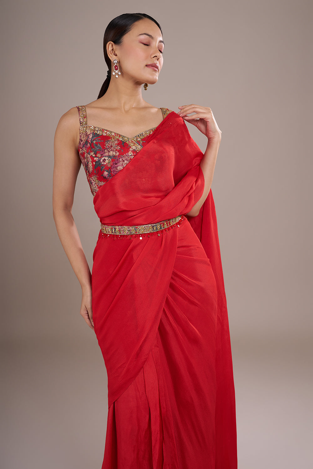 Scarlet Georgette Draped Saree Set with Floral Silk Blouse