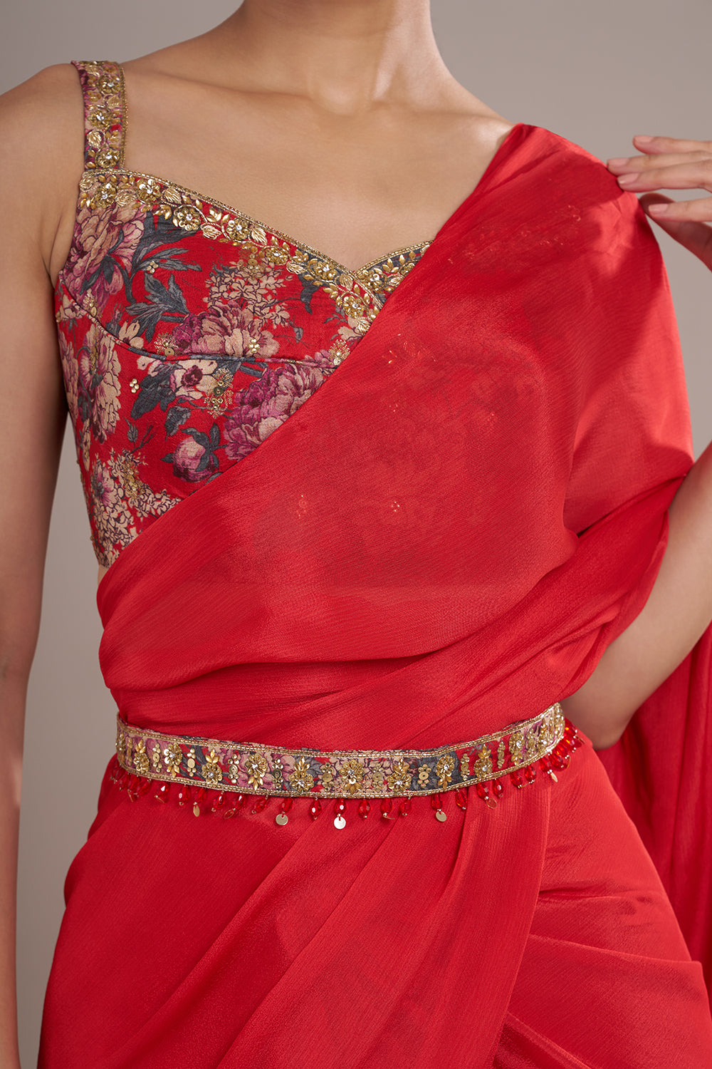 Scarlet Georgette Draped Saree Set with Floral Silk Blouse