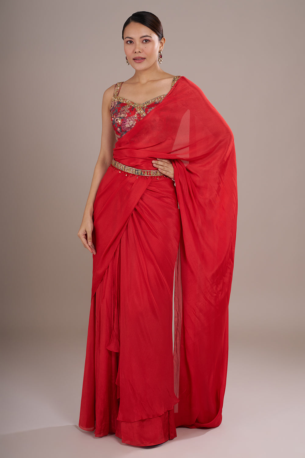 Scarlet Georgette Draped Saree Set with Floral Silk Blouse