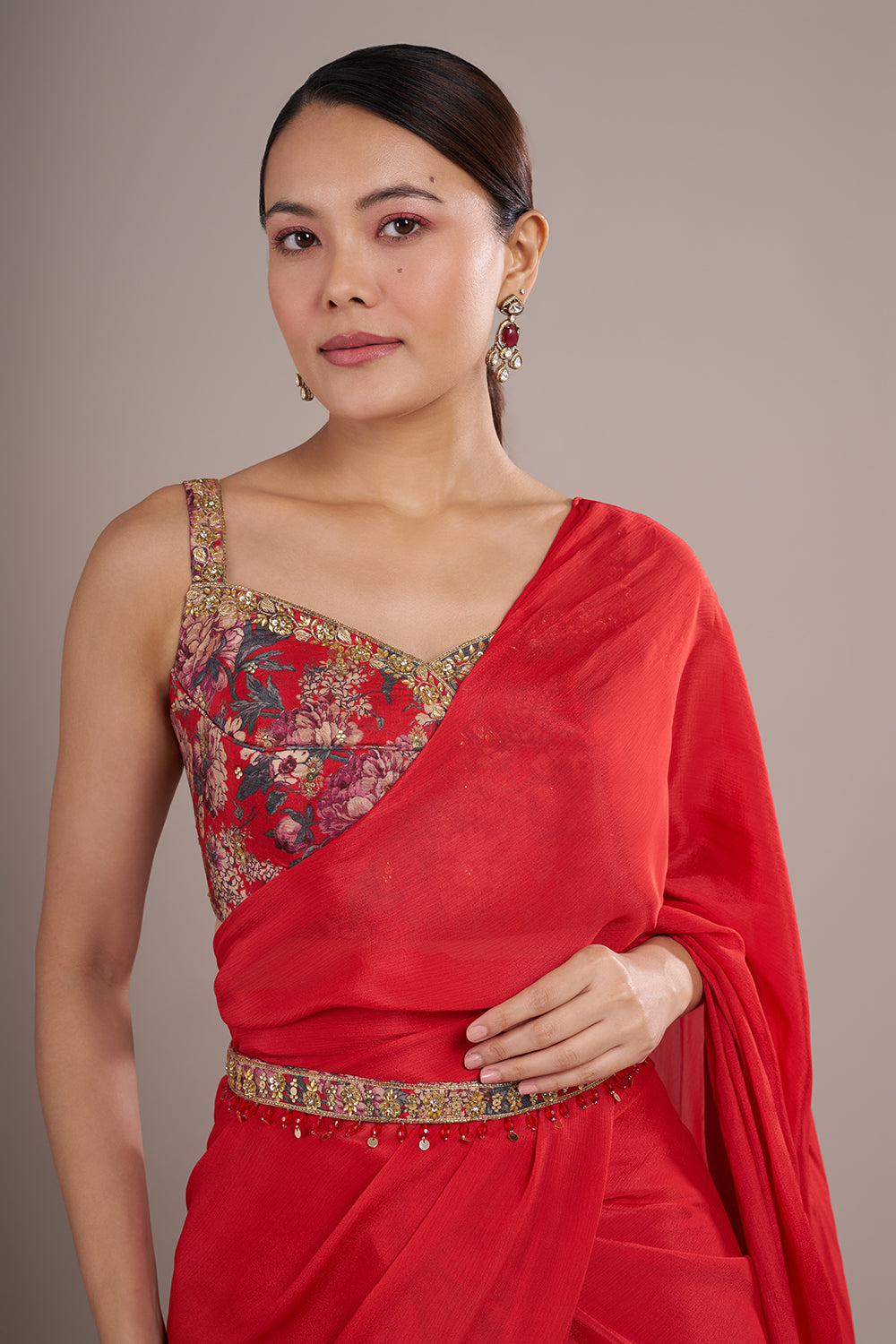 Scarlet Georgette Draped Saree Set with Floral Silk Blouse