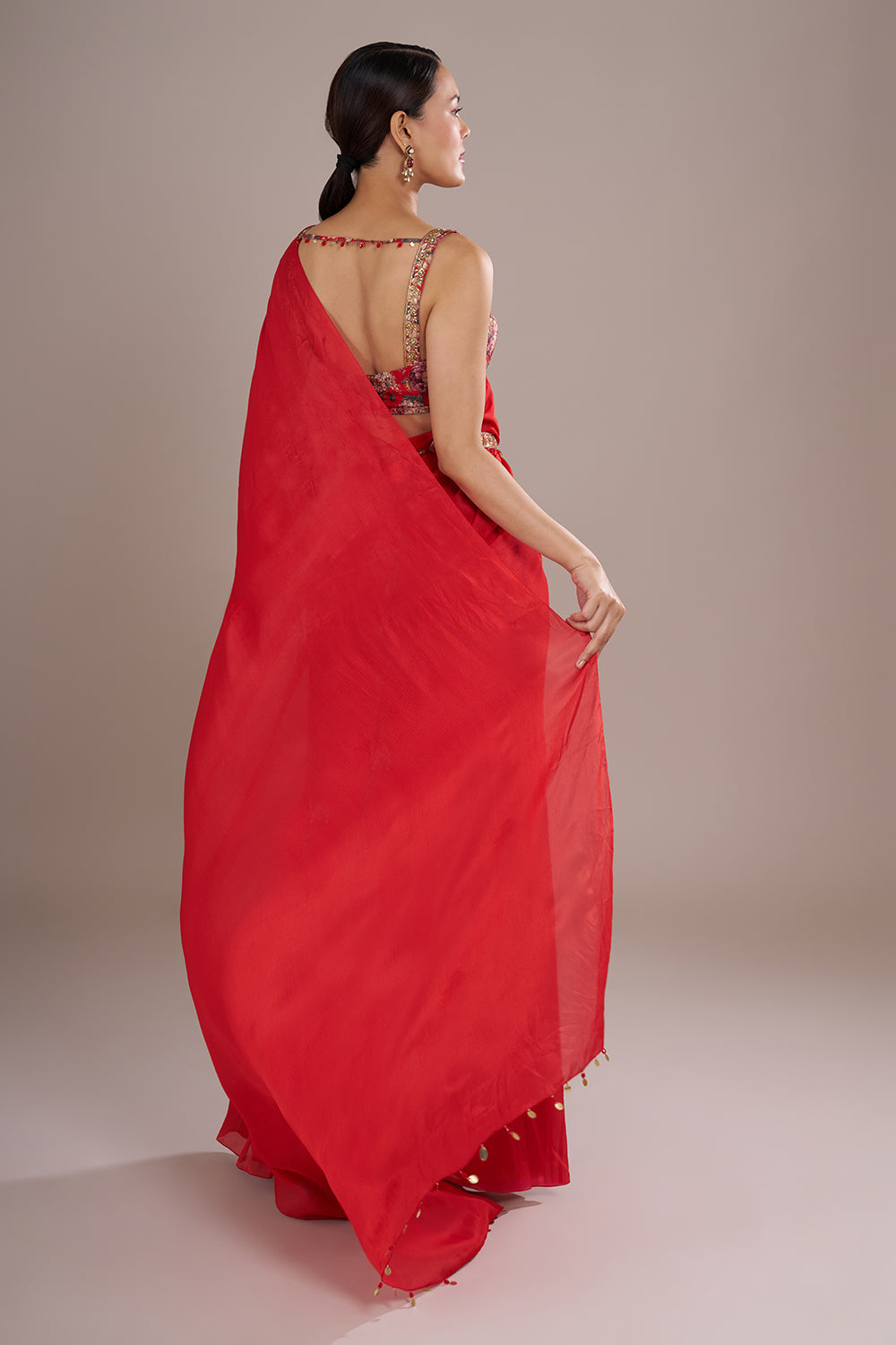 Scarlet Georgette Draped Saree Set with Floral Silk Blouse