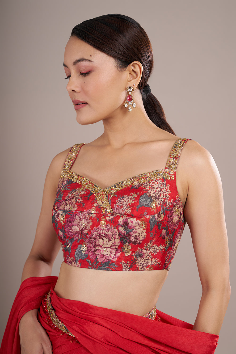 Scarlet Georgette Draped Saree Set with Floral Silk Blouse