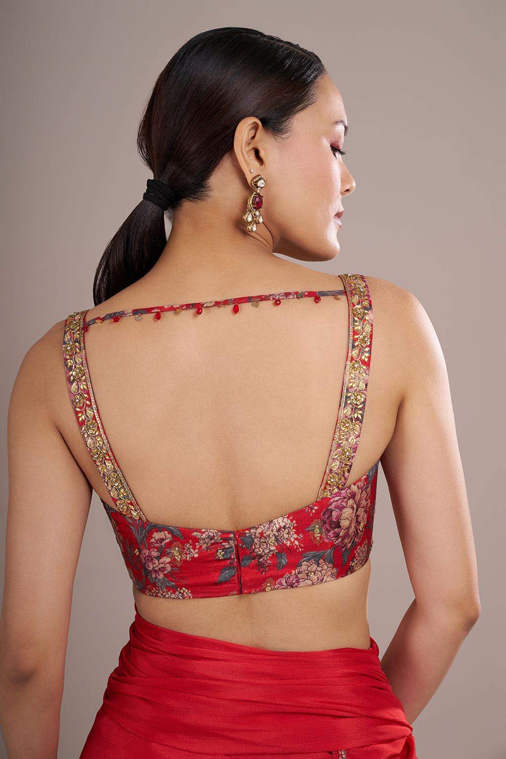 Scarlet Georgette Draped Saree Set with Floral Silk Blouse